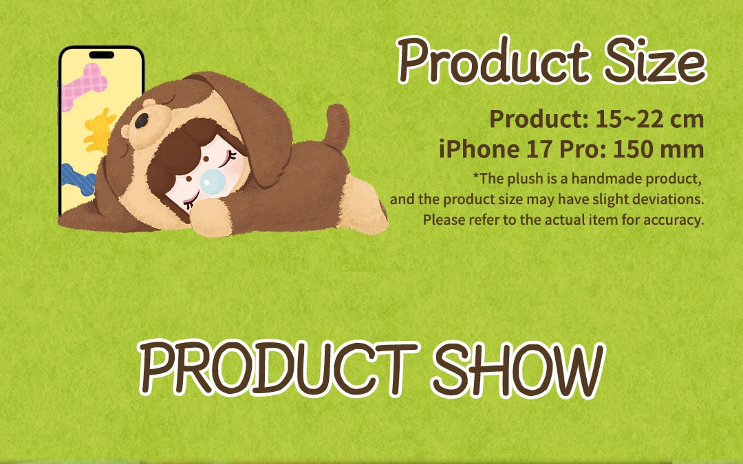 Nanci Puppy Club size comparison showing the Dachshund plush beside a smartphone illustration: plush dolls measure 15-22 cm; the pictured iPhone 17 Pro is labeled 150 mm.