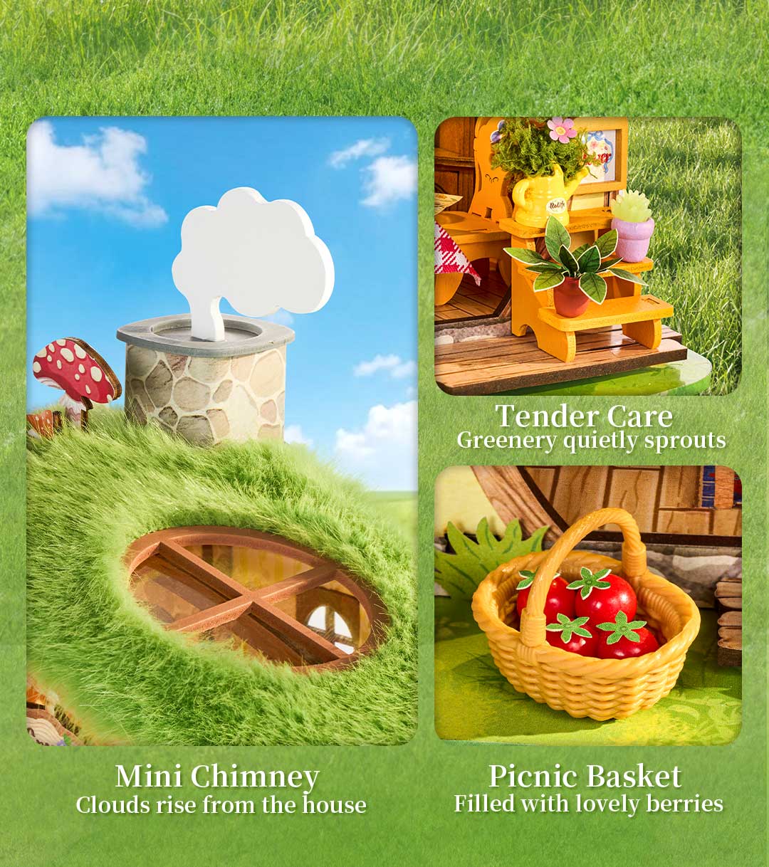 Fluffy Grove detail collage showing mini chimney, picnic basket, and tender care corner