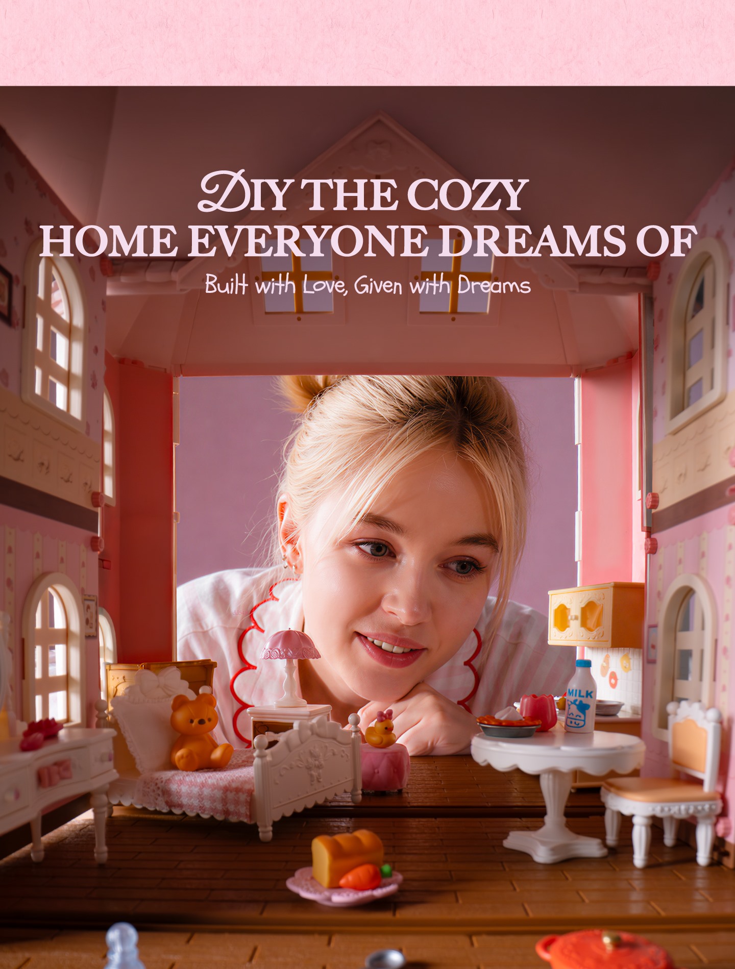 Cozy Fairy Rose Cottage interior view with girl looking through dollhouse rooms