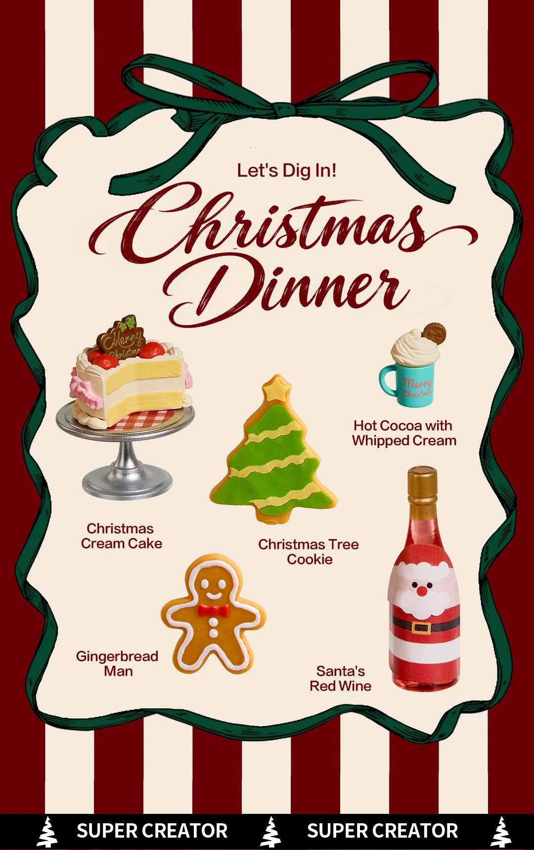 Christmas Dinner graphic listing miniature food accessories: Christmas Cream Cake, Christmas Tree Cookie, Gingerbread Man, Hot Cocoa with Whipped Cream and Santa's Red Wine.