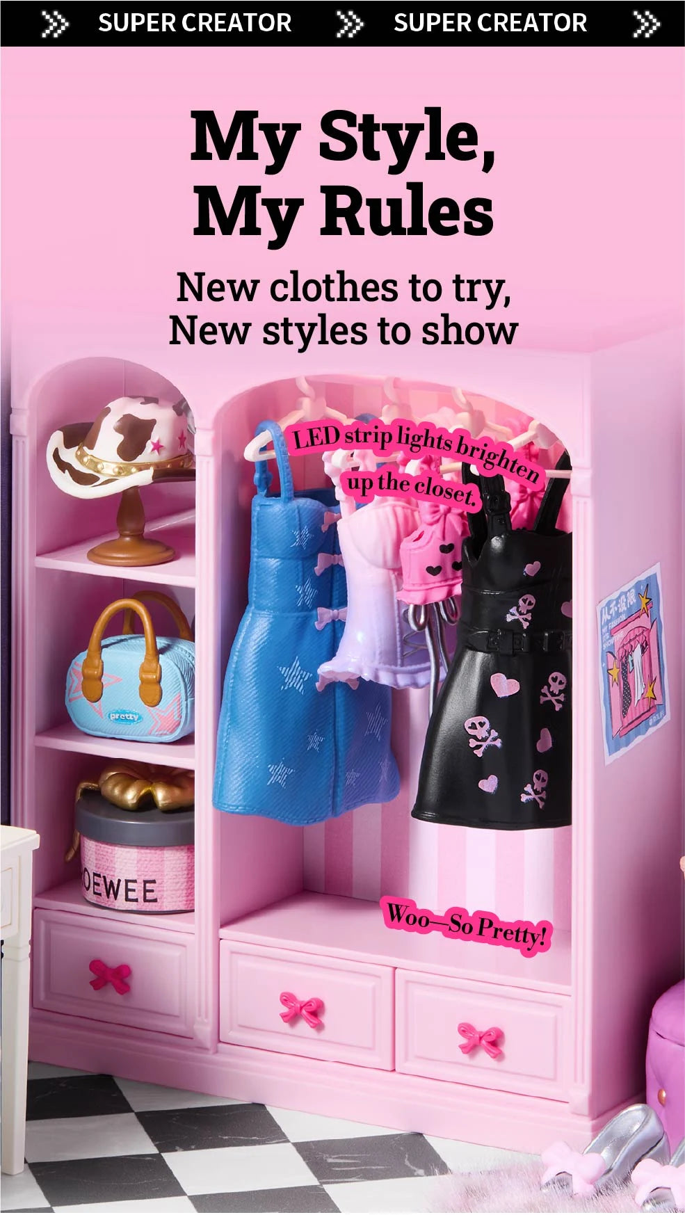 Miniature pink closet with hanging blue, pink and black outfits, shelves holding a hat, blue bag and round box, plus drawers with bow handles.
