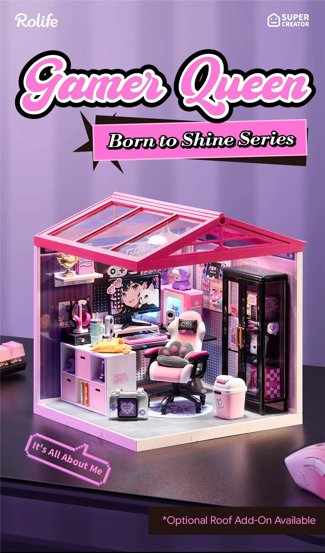 Pink-roofed miniature gamer room diorama with gaming desk, pink chair, monitor, glass display cabinet and storage shelves, shown on a dark surface.