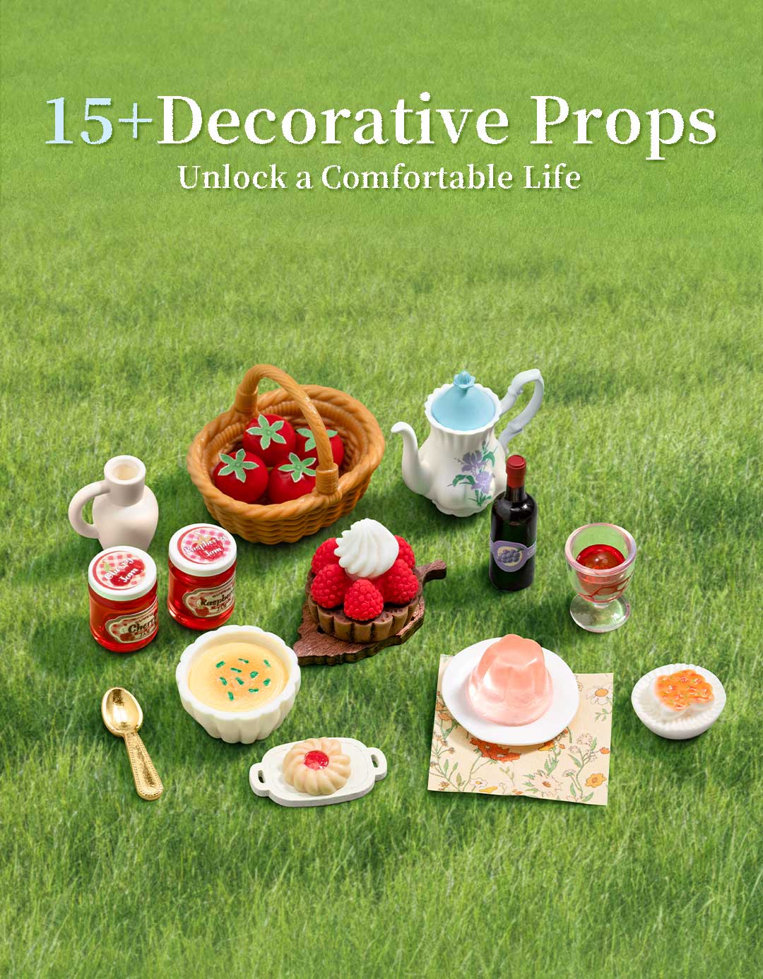 Fluffy Grove decorative props overview with desserts, dishes, teapot, fruit basket, and picnic mat