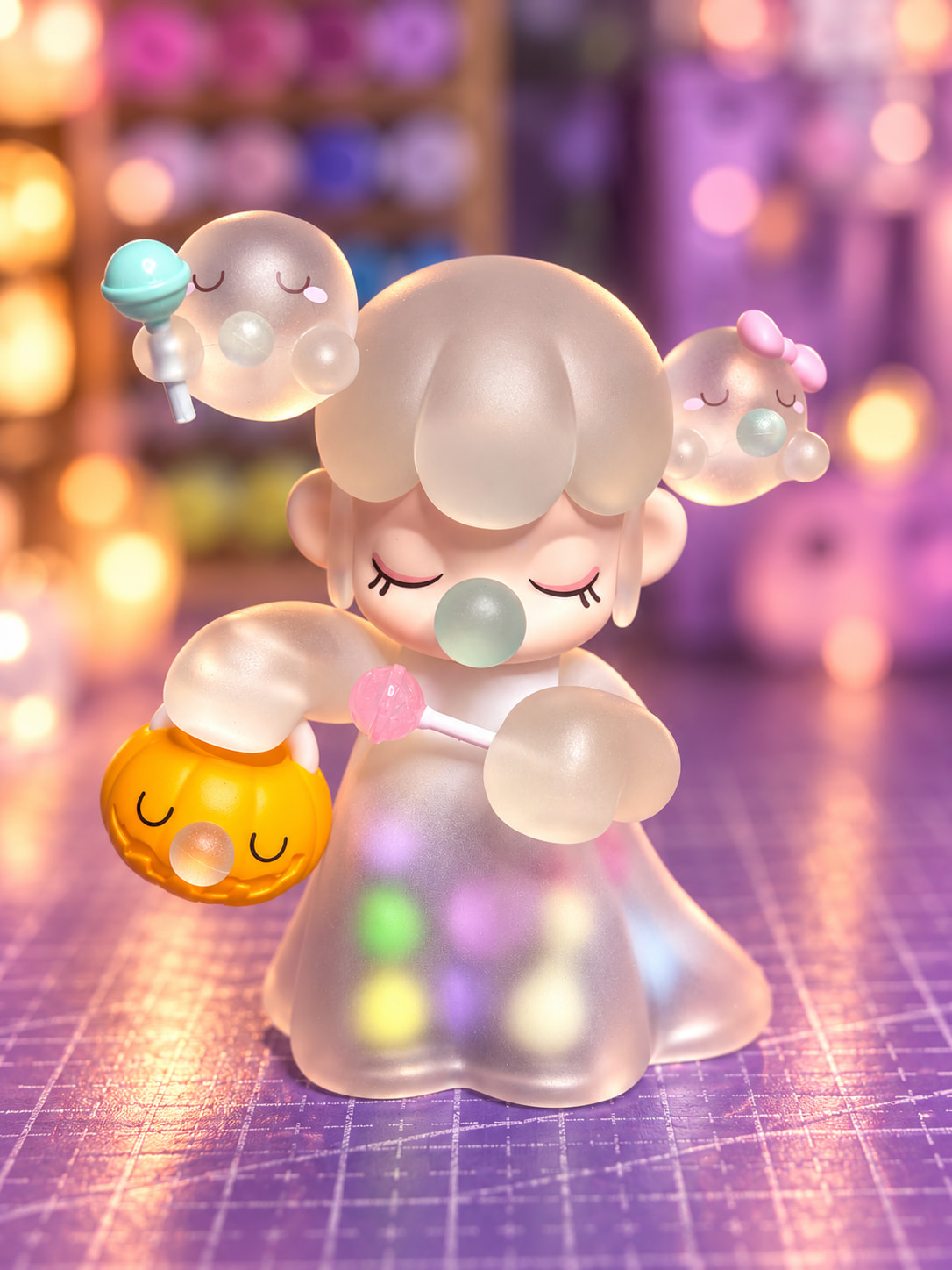 Rolife Community maker Cozy.little.palette's translucent Sweet Time Ghost Nanci with a pumpkin and lollipop