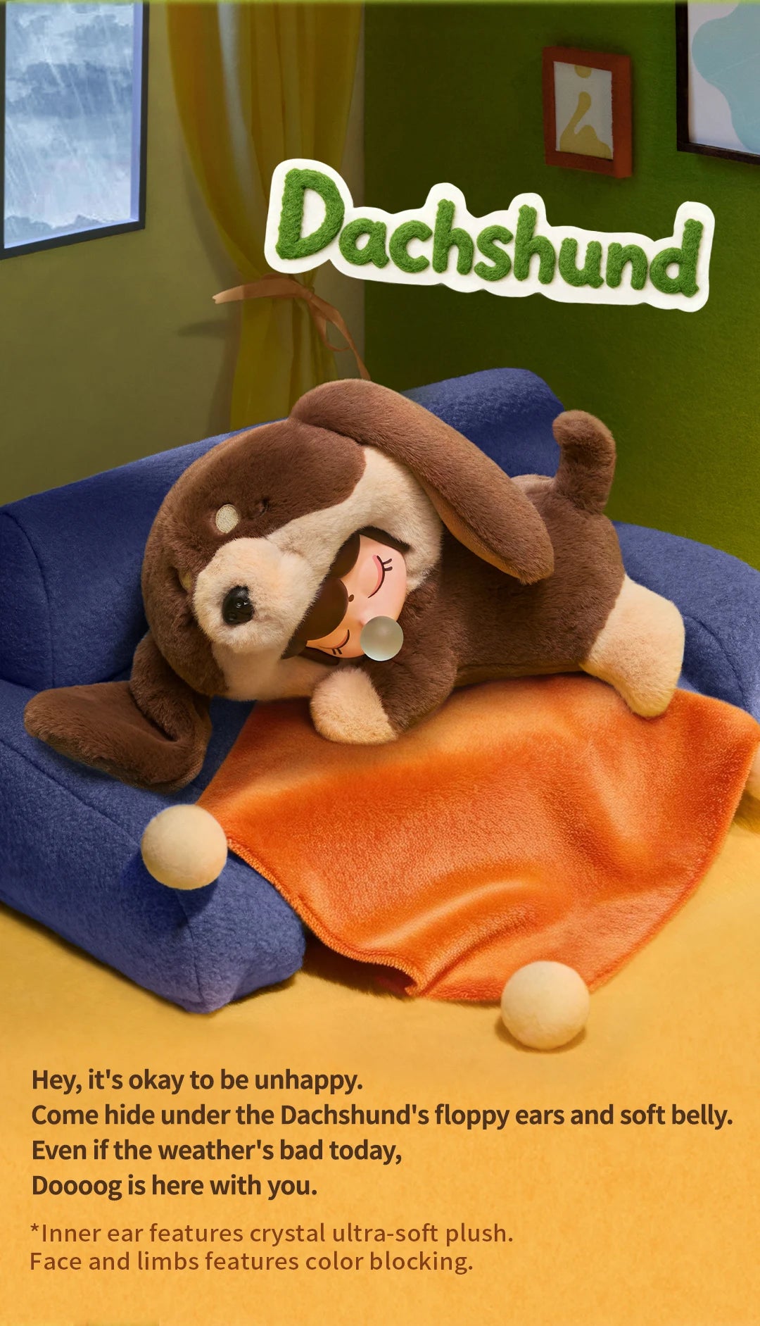 Nanci Puppy Club Dachshund character graphic showing a brown-and-cream plush doll with long floppy ears resting on a blue sofa under an orange blanket; text highlights ultra-soft inner-ear plush and color-blocked face and limbs.