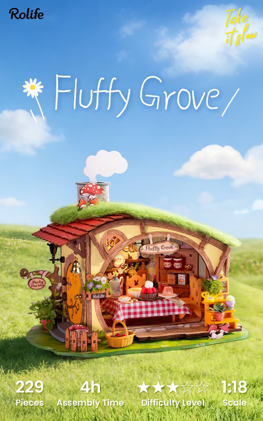 Fluffy Grove product overview with 229 pieces, 4-hour assembly time, 3-star difficulty, and 1:18 scale