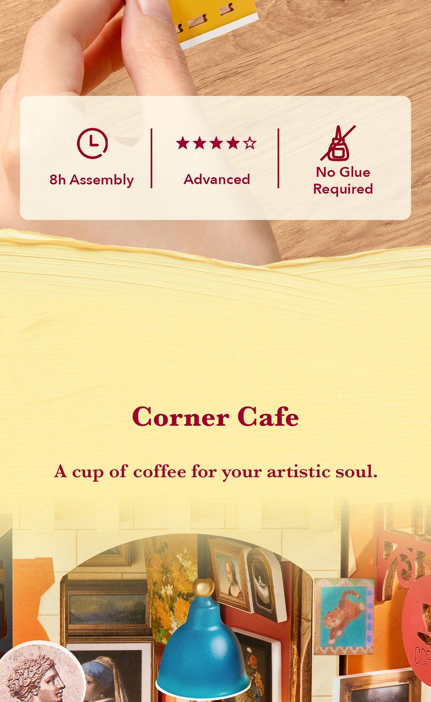 Rolife Corner Cafe graphic showing 8h Assembly, Advanced difficulty and No Glue Required, above a miniature caf&eacute; interior with framed art and a blue lamp.
