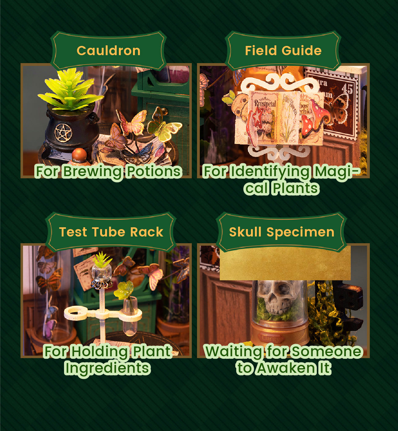 Rolife Potions Workshop DIY Miniature House feature detail collage