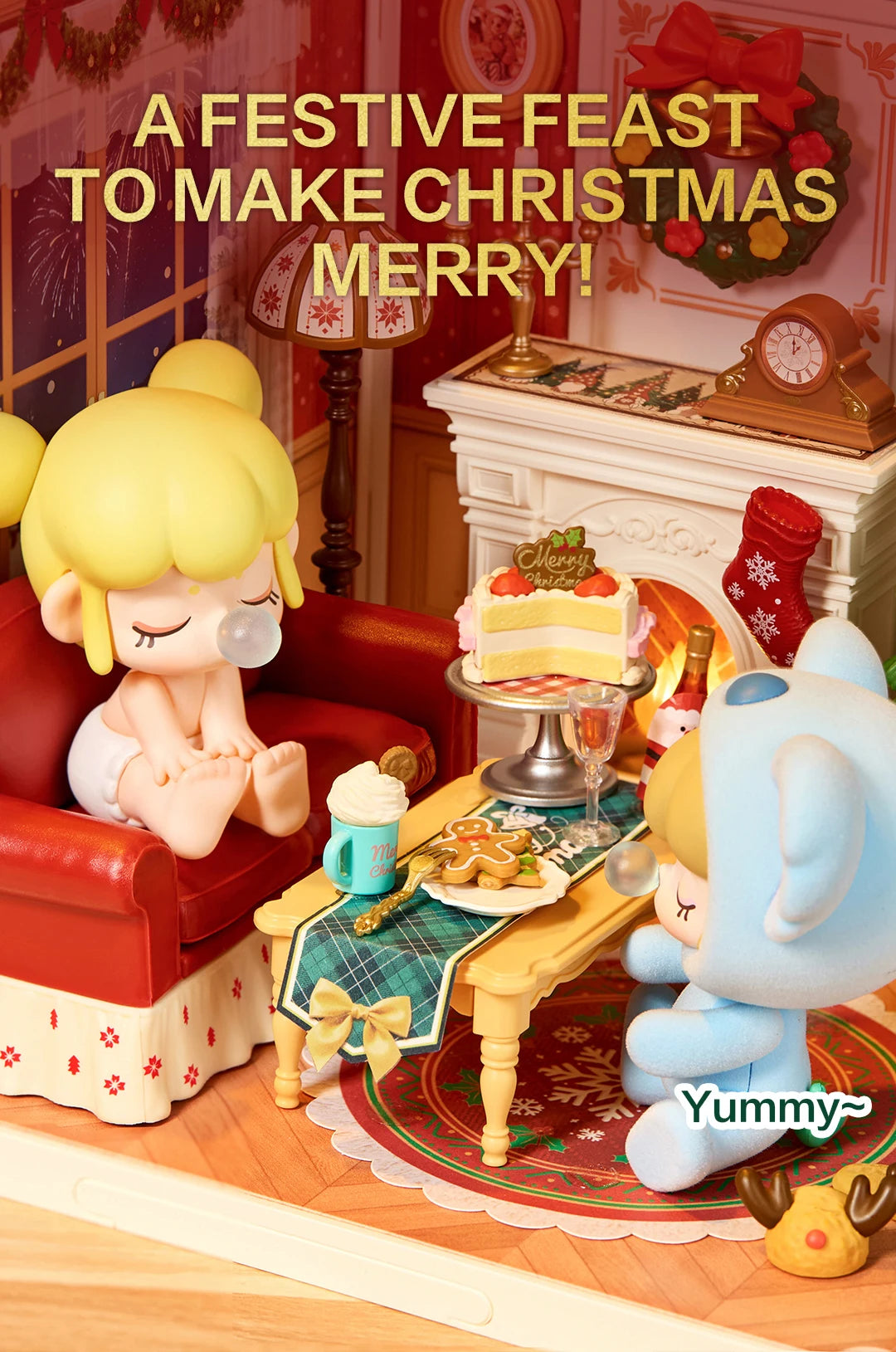 Miniature Christmas Eve scene with a blonde doll on a red sofa and a blue bear figure at a table set with cake, cocoa, gingerbread and wine.