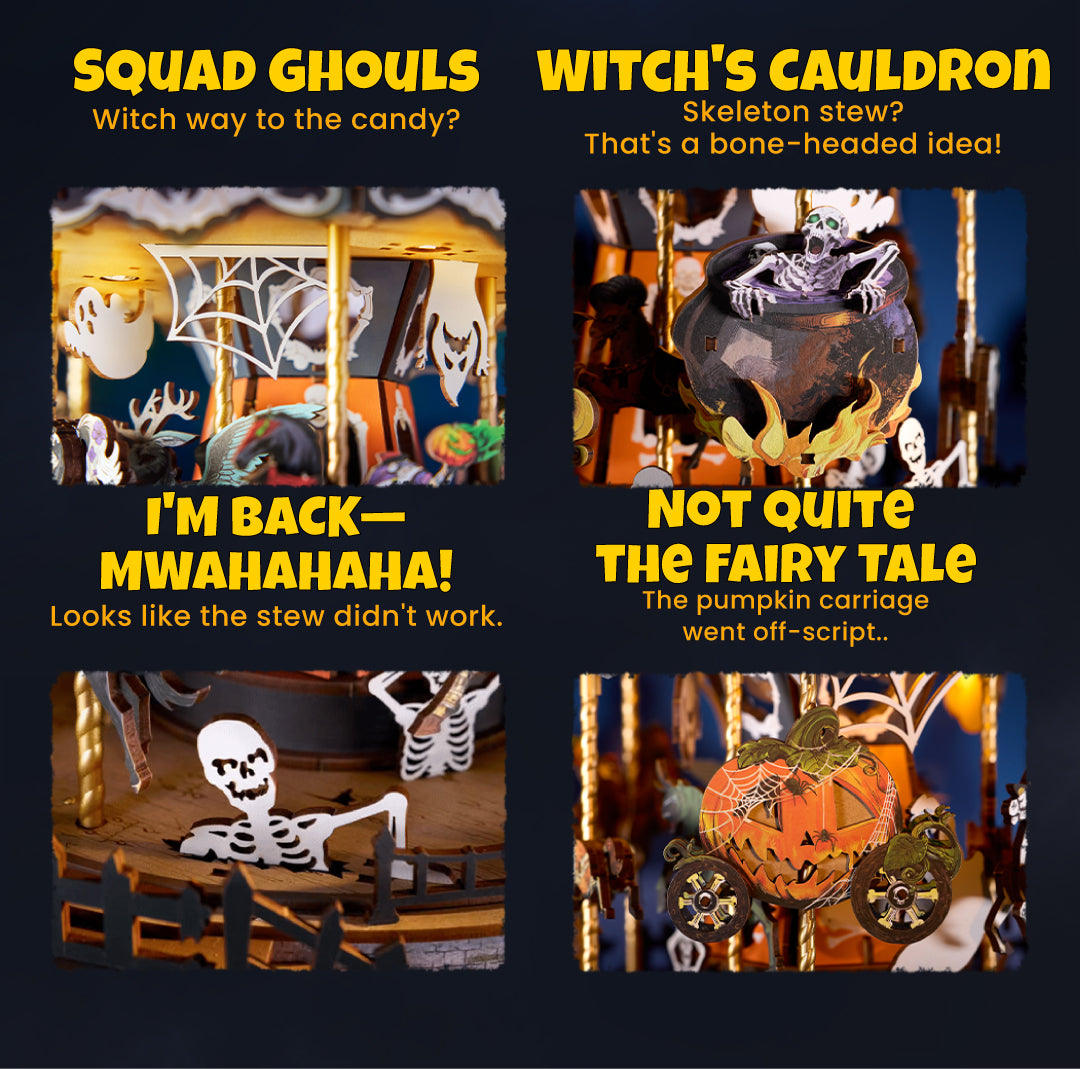 Phantom Waltz detail image showing Beware the Ride: Nine “undead” horses take you for a spin around the pumpkin pillar.