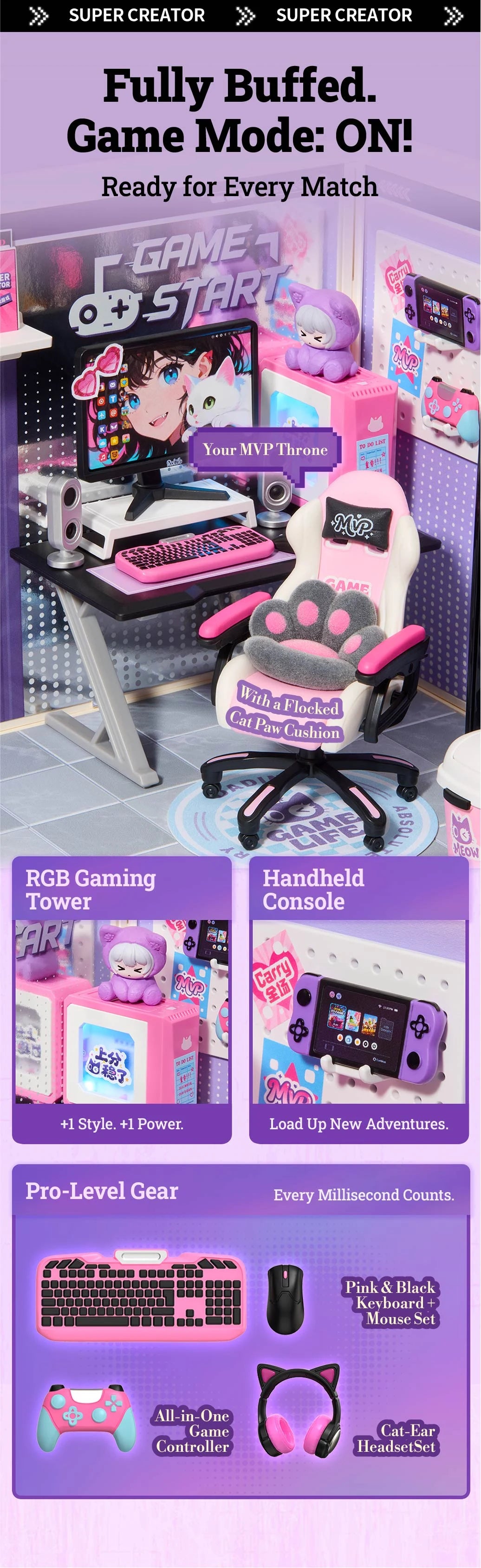 Miniature gaming setup with pink keyboard and mouse, cat-ear headset, controller, handheld console, RGB tower and pink chair with cat-paw cushion.
