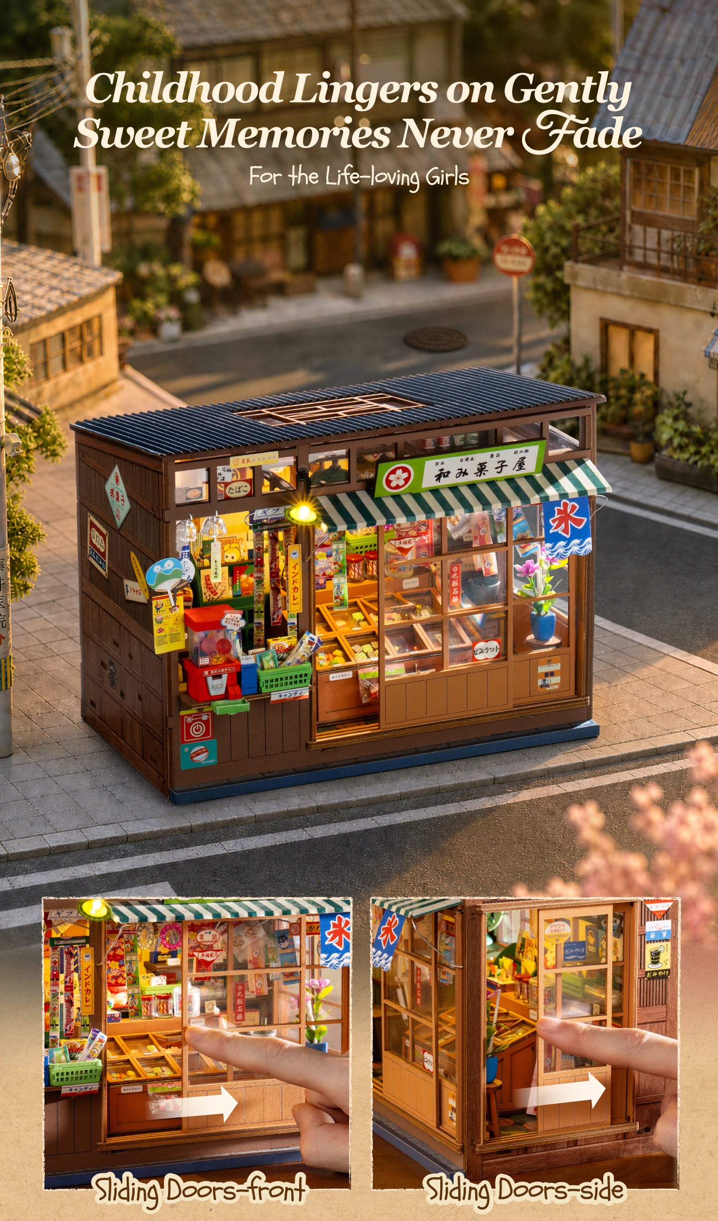 Rolife Nostalgic Corner Shop TGE05 miniature shelves filled with snacks, sweets, and shop goods