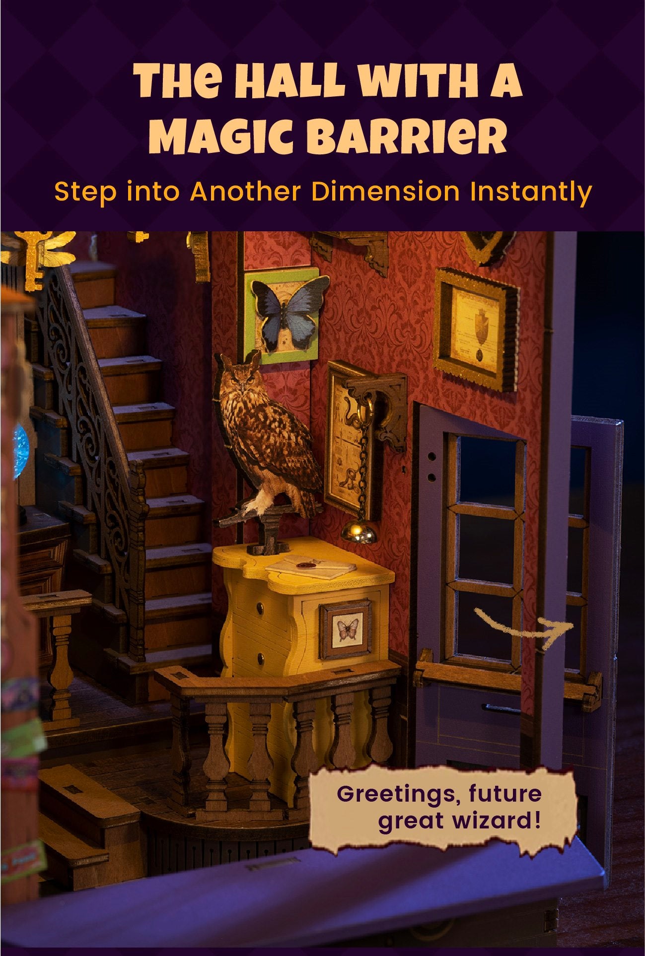 Whisper Magic Shop detail image showing See-Through Protection: The transparent front panel helps keep dust away without hiding the scene, creating a protective "magical barrier" around the shop.