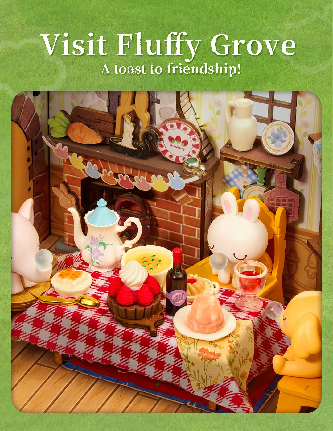 Fluffy Grove interior picnic table scene with checked cloth, cake, drinks, and cozy cottage shelves