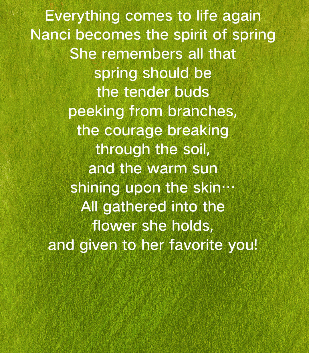 Rolife Nanci Spring Bear MN003 spring story text panel describing the flower gift theme.