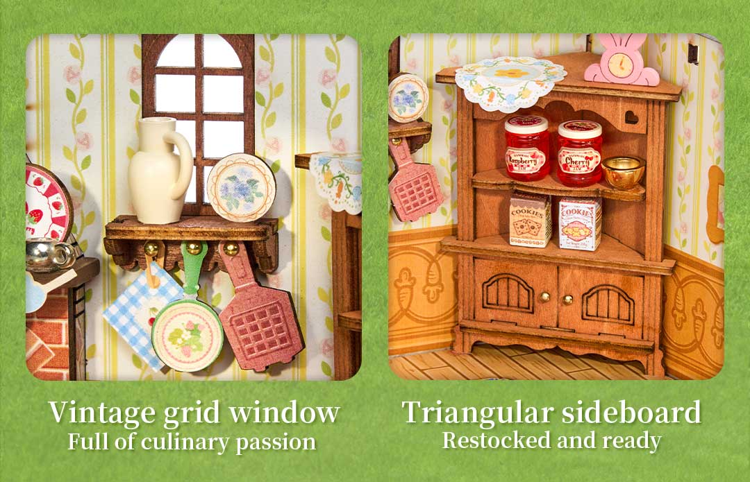 Fluffy Grove close-up of vintage grid window and triangular sideboard with cottage accessories