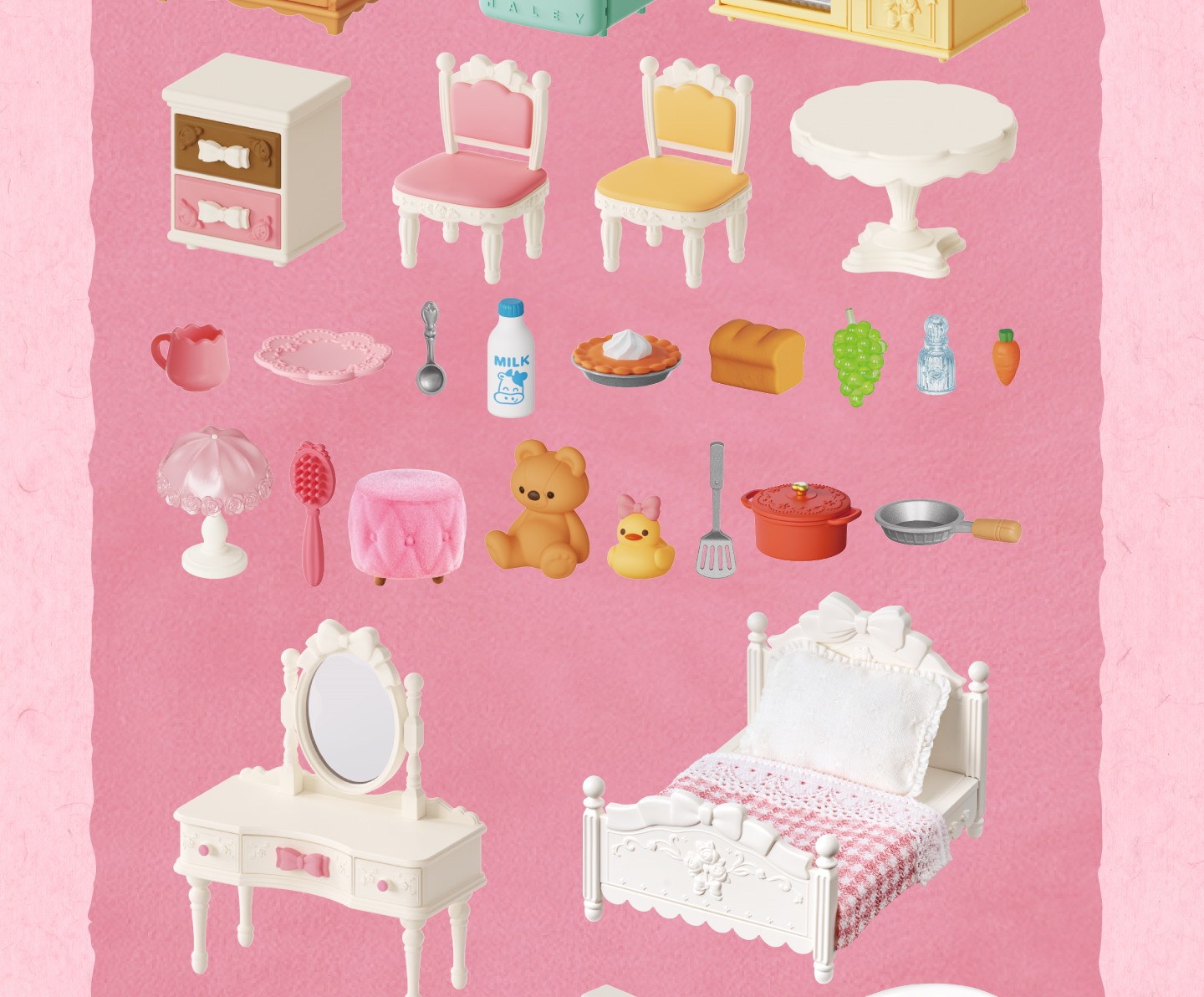 Fairy Rose Cottage accessory set with bed, vanity, tableware, plants, and decor