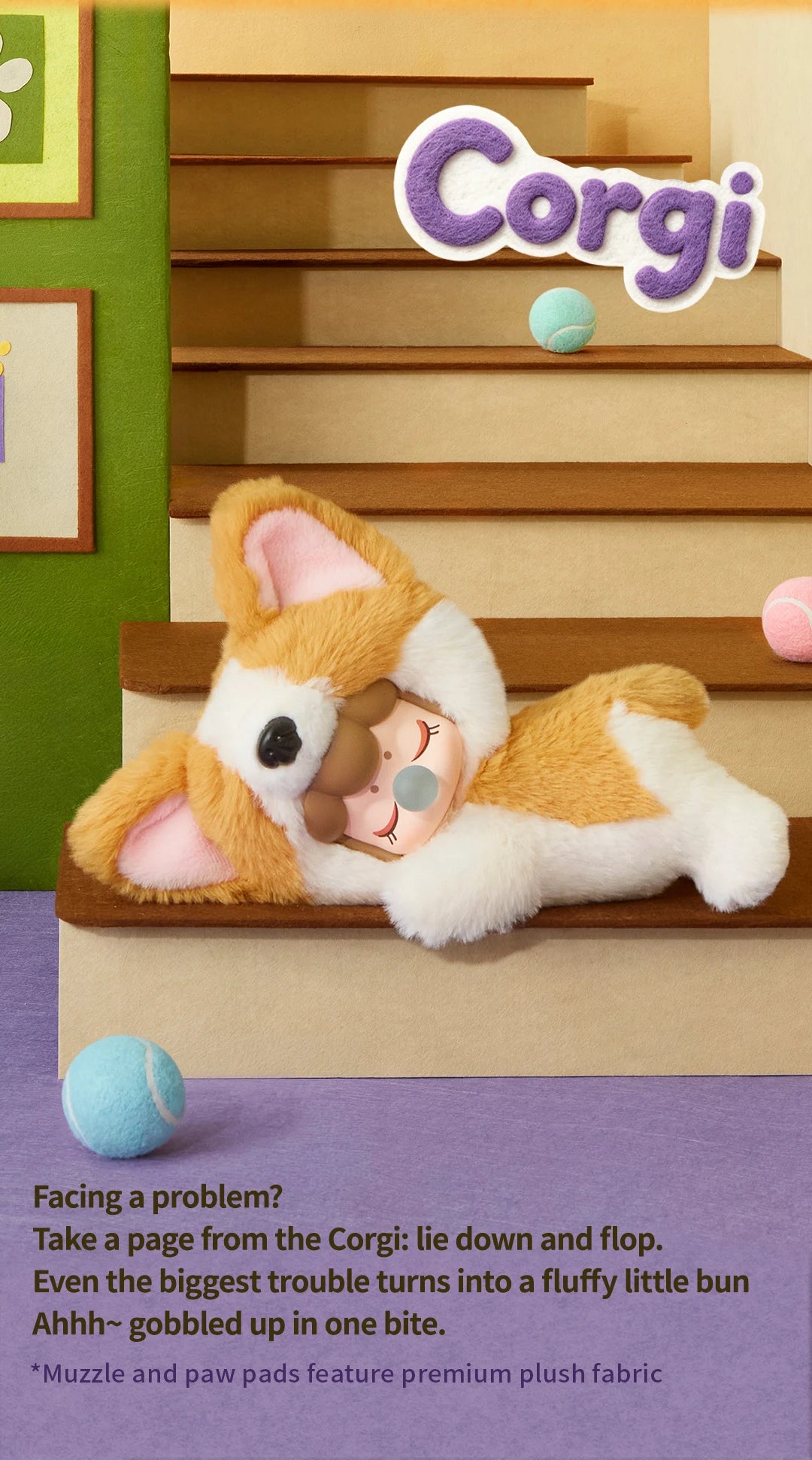 Nanci Puppy Club Corgi character graphic showing an orange-and-white plush doll lying on miniature wooden stairs among pastel balls; text highlights premium plush fabric for the muzzle and paw pads.