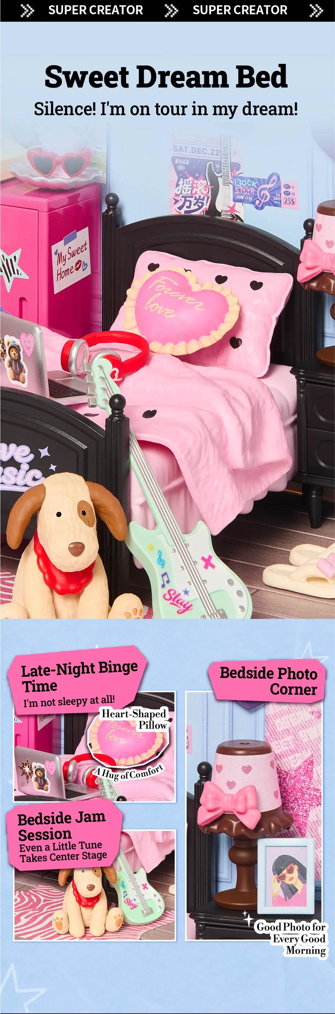 Close-up of a Rolife miniature bed with pink bedding, heart-shaped pillow, headphones, mint guitar and dog figure, plus inset views of the bedside lamp and photo frame.
