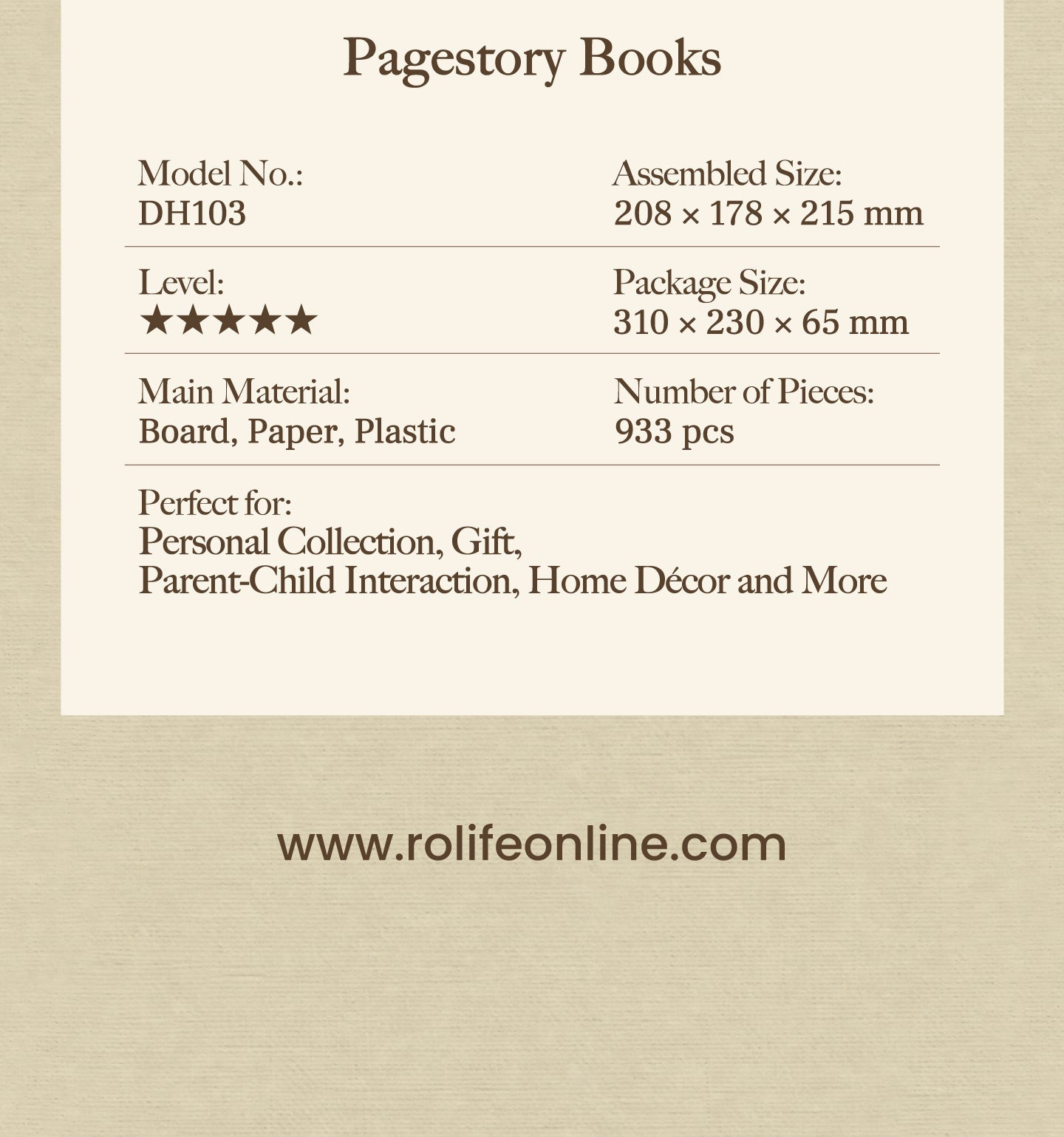 Pagestory Books product information graphic with pieces, scale, size, and materials