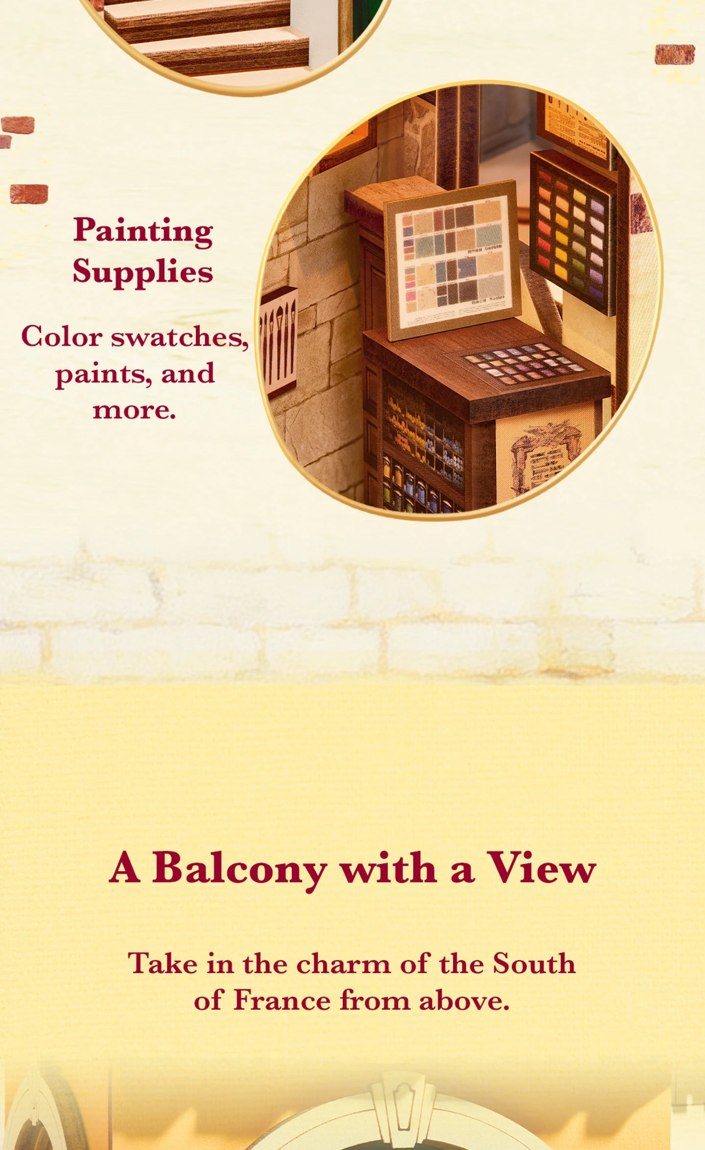 Circular inset showing a miniature painting supplies counter with color swatch board, paint racks, and brushes against a stone wall.