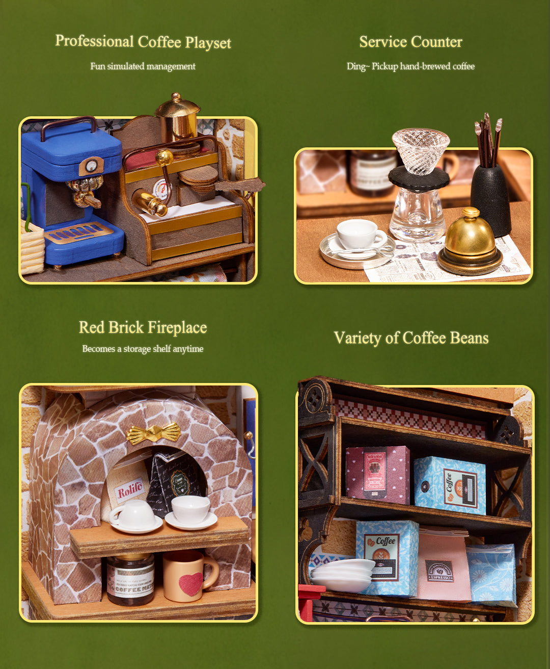 Leafree Café detail image showing Serve Coffee Like a Barista: Arrange mini machines, cups, and the bell for coffee service.