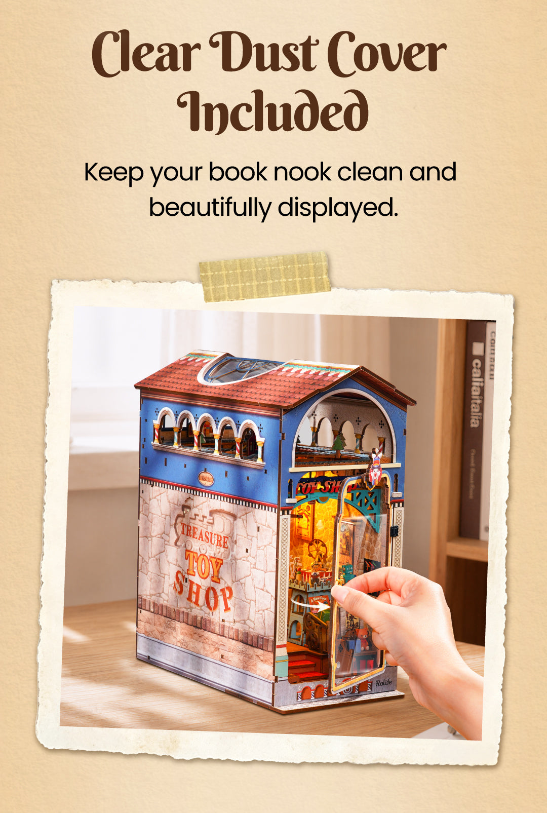 Treasure Toy Shop detail image showing Open the Door to Wonder: The clear front door opens for easy access and closes to keep dust away.