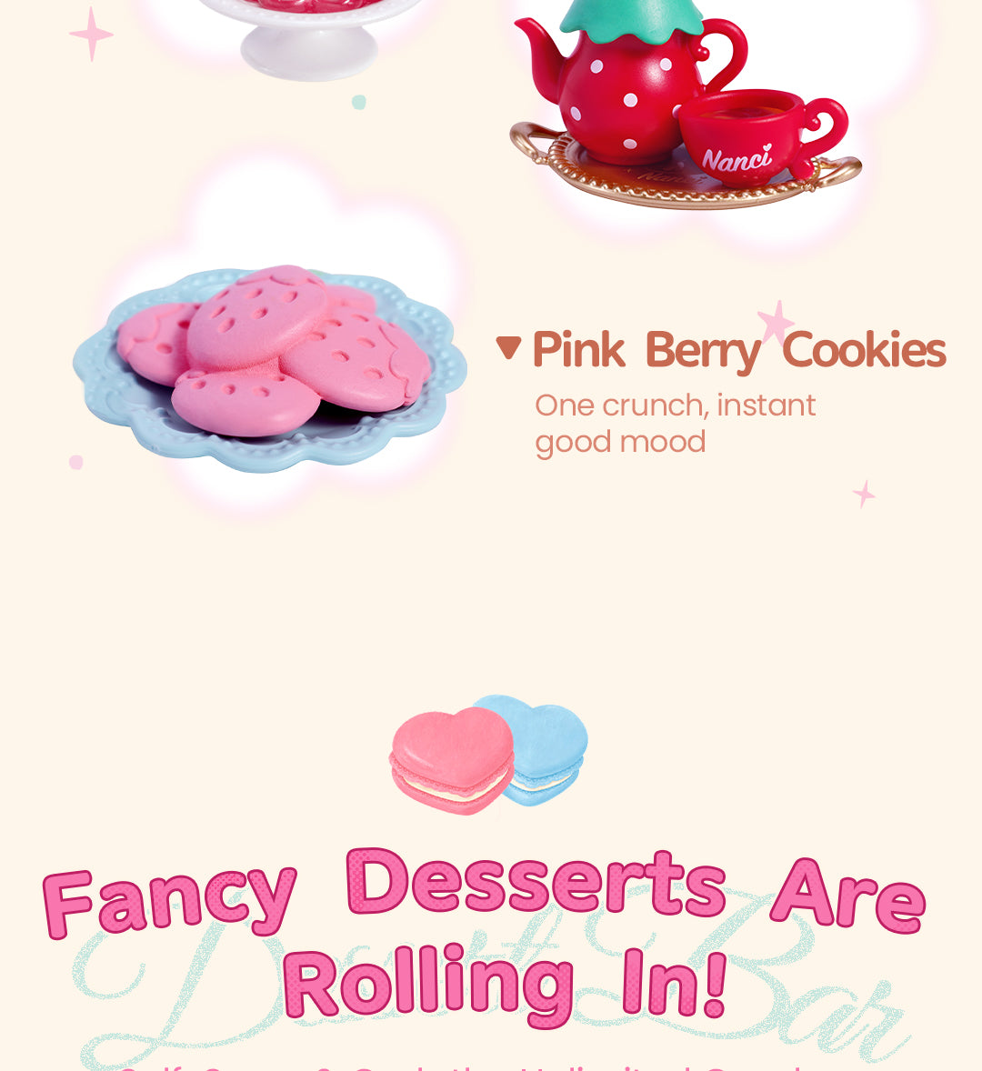 Rolife Nanci Strawberry Teatime Super Creator detail image showing Cakes Ready to Serve: The clear cabinet opens, so cakes stay visible and within reach.