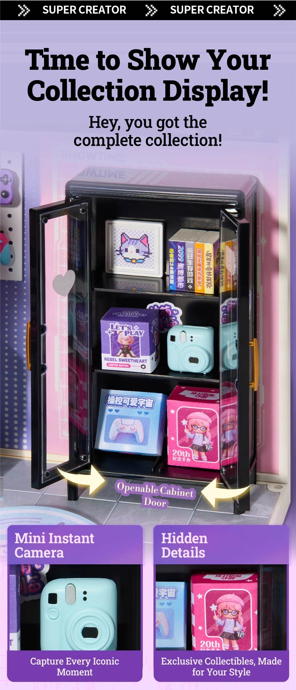 Open black miniature display cabinet with shelves holding a pixel cat frame, books, collectible boxes and a mint-green instant camera.