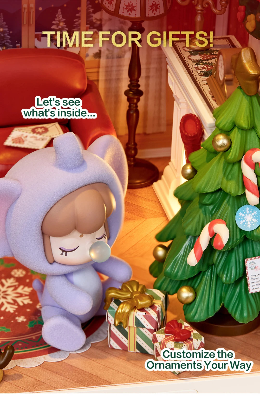 Miniature Christmas scene with green decorated tree, wrapped gifts, red armchair and purple-hooded figure blowing a bubble beside a lamp.