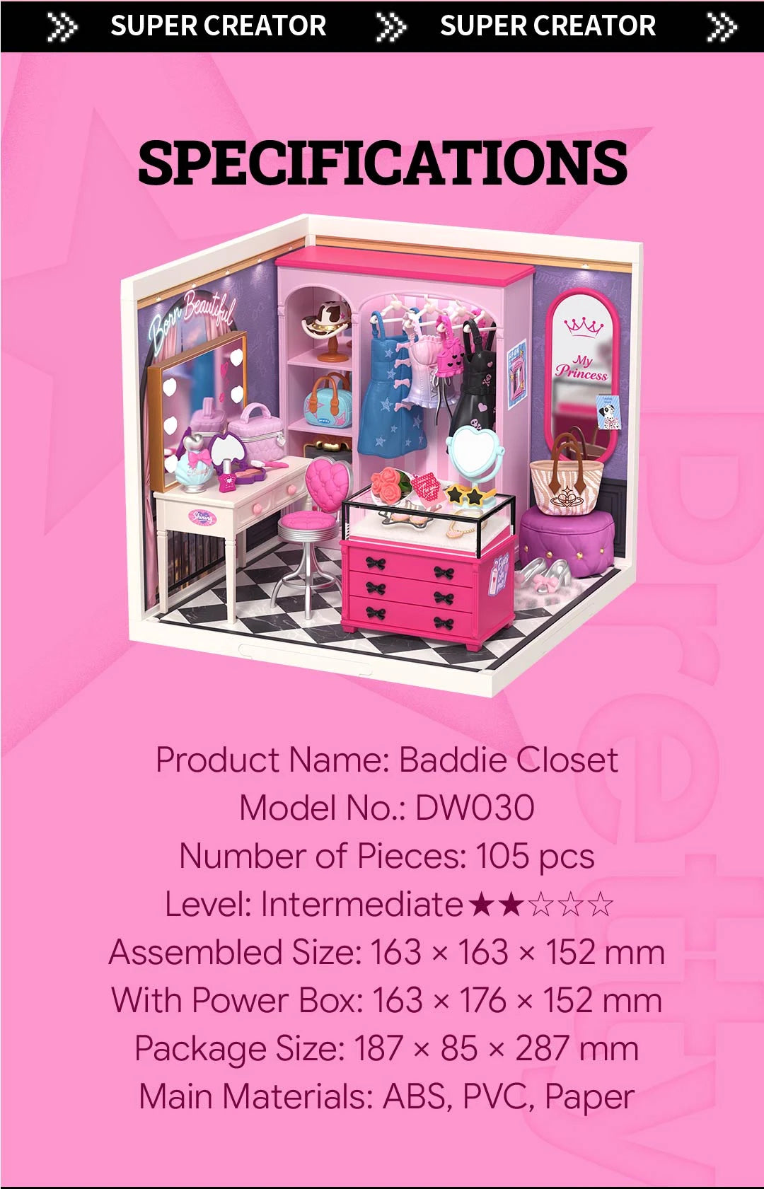 Pink miniature dressing room with vanity, clothing rack and jewellery drawers, with specifications: Baddie Closet, DW030, 105 pcs, assembled size 163 x 163 x 152 mm.