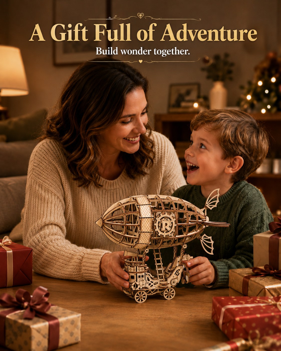 Rolife Airship gifting scene with a woman and child enjoying the airship puzzle