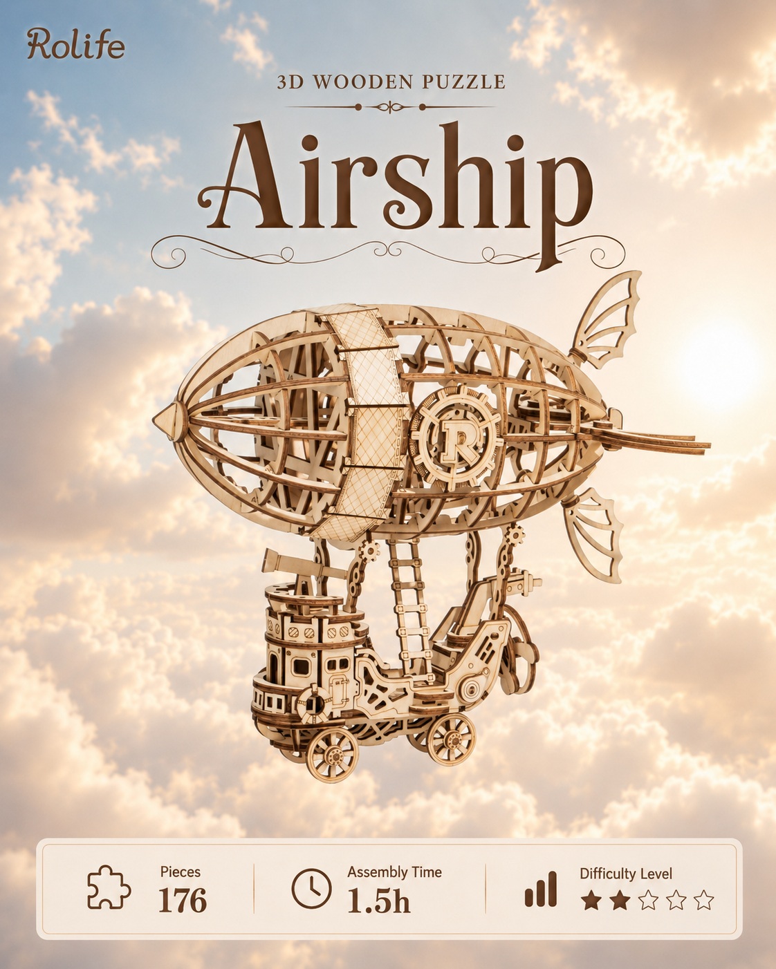 Rolife Airship overview graphic showing 176 pieces, 1.5-hour assembly time, and difficulty level 2