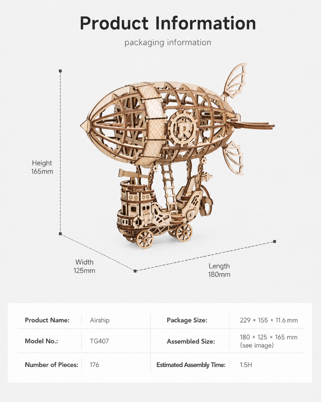 Rolife Airship product information showing model TG407, 176 pieces, 1.5-hour assembly time, assembled size 180 x 125 x 165 mm, and package size 229 x 155 x 11.6 mm
