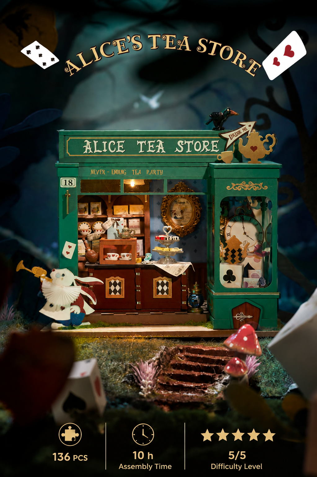 Alice's Tea Store DG156 overview graphic with 136 pieces, 10 hour assembly time, and 5 out of 5 difficulty level shown