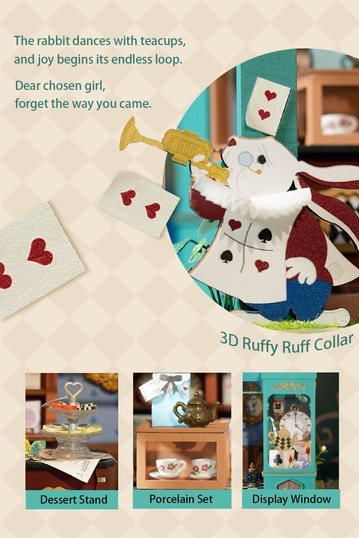 Alice's Tea Store DG156 detail graphic with rabbit figure, dessert stand, porcelain set, and display window