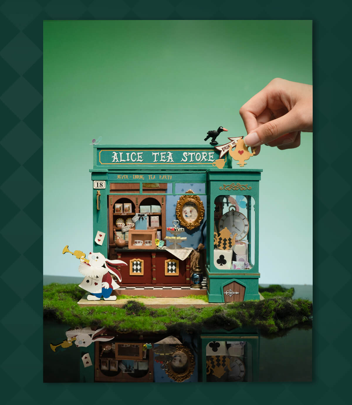 Alice's Tea Store DG156 interactive display graphic with removable Drink Me teapot sign