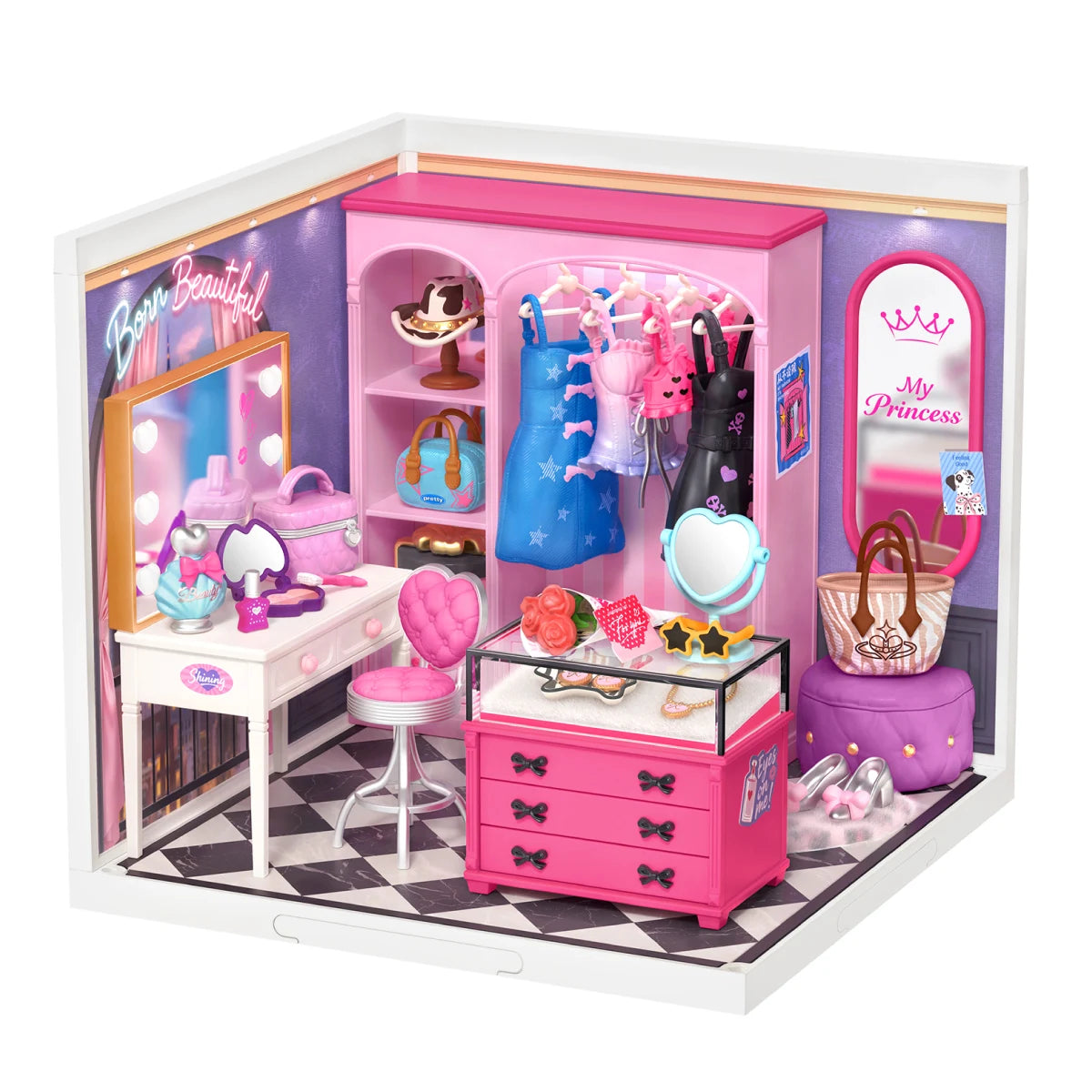 Baddie Closet DW030 miniature dressing room with a vanity mirror, clothing rail, pink drawers, and checkered floor