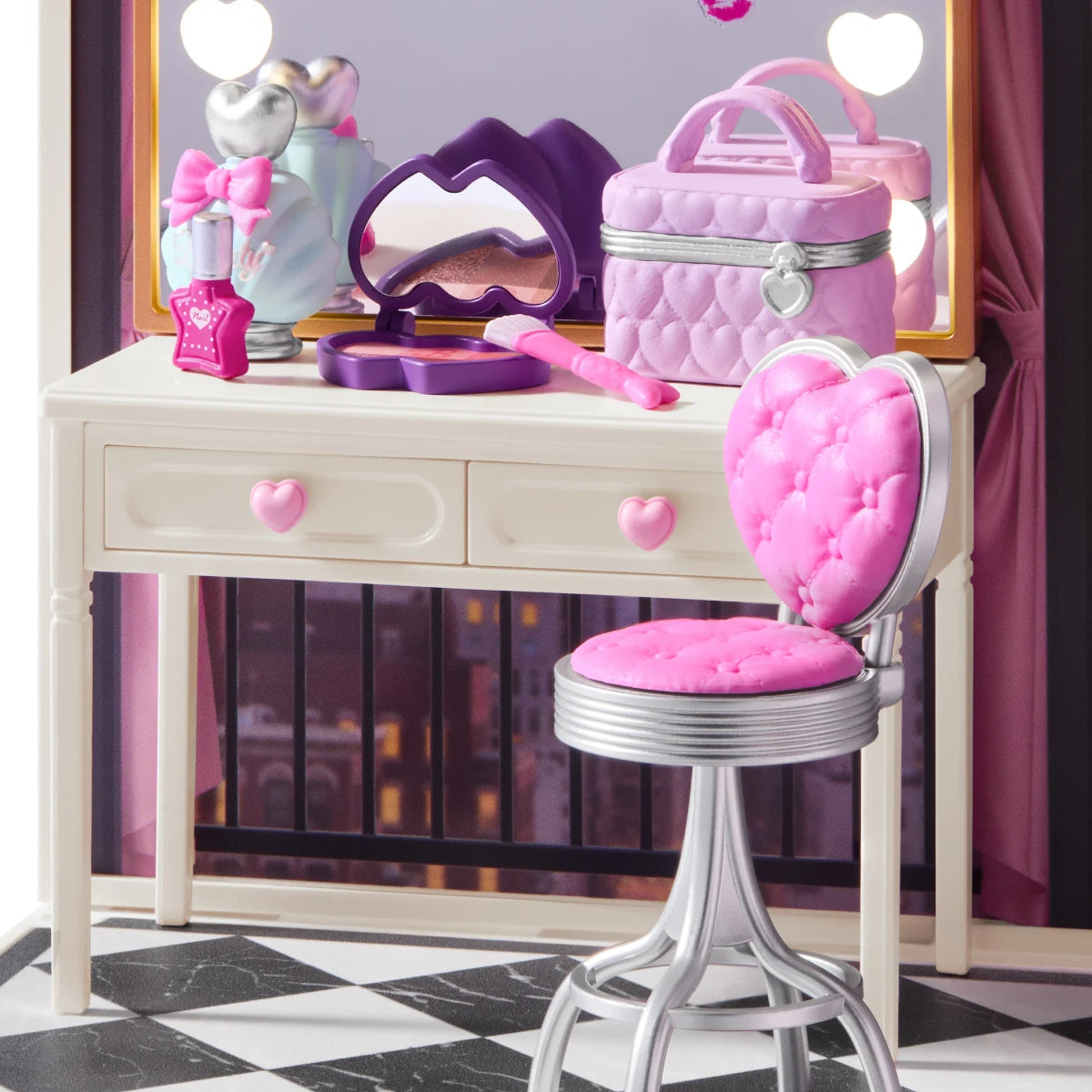 Baddie Closet vanity close-up with an illuminated mirror, makeup accessories, and a heart-shaped chair