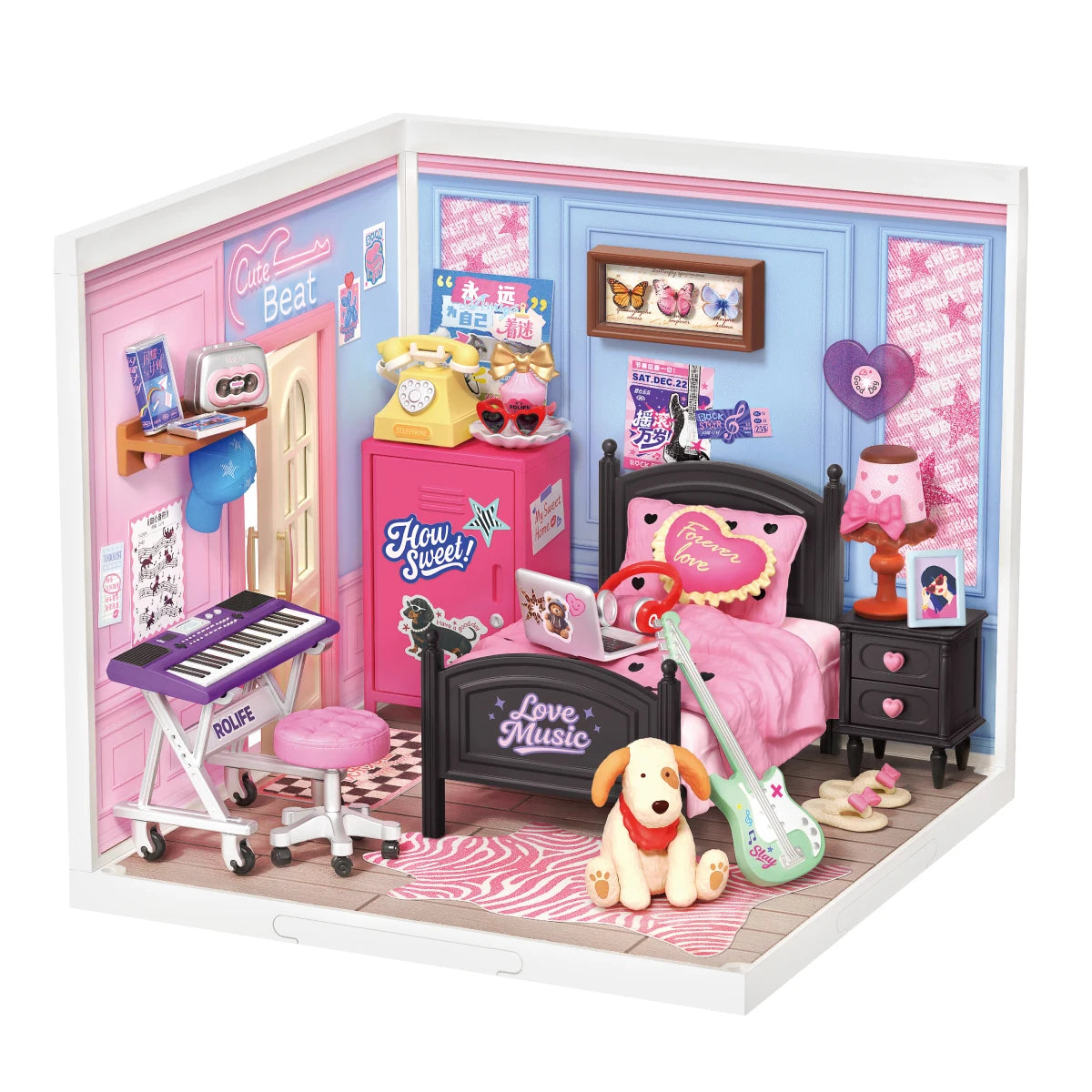 Bedroom Pop DW029 miniature bedroom with a pink bed, keyboard, mint-green bass guitar, and retro music decor