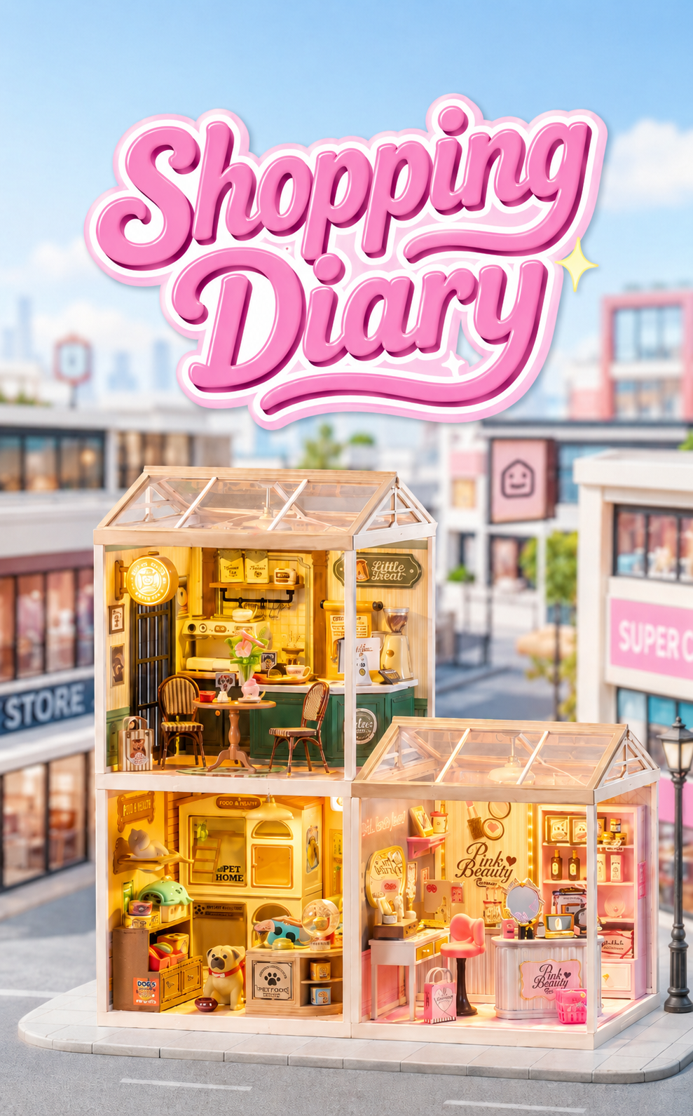 Shopping Diary series overview showing three glowing miniature shop houses and the Shopping Diary title