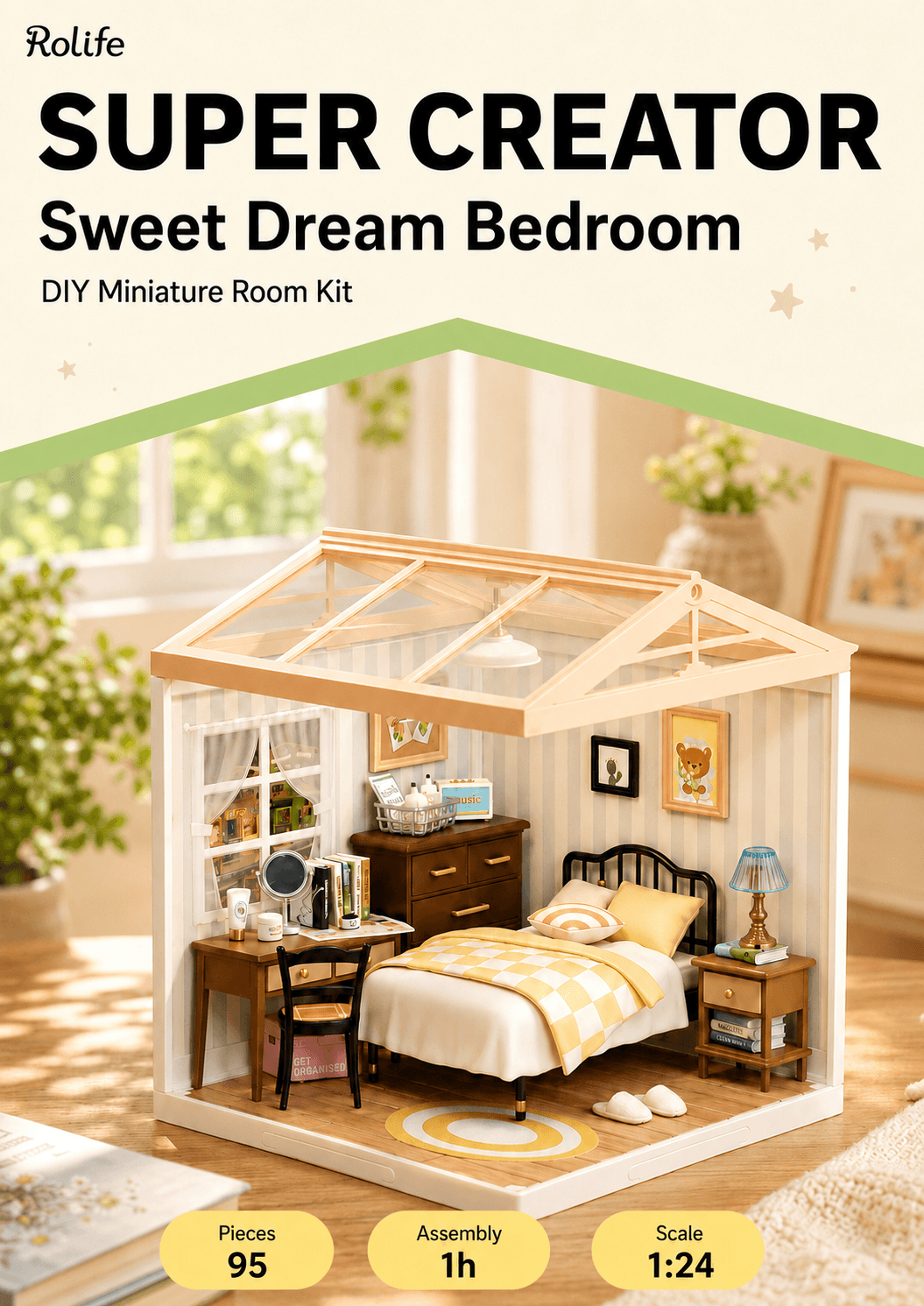 Rolife Sweet Dream Bedroom DW009 overview graphic with 95 pieces, 1 hour assembly time, and 1:24 scale
