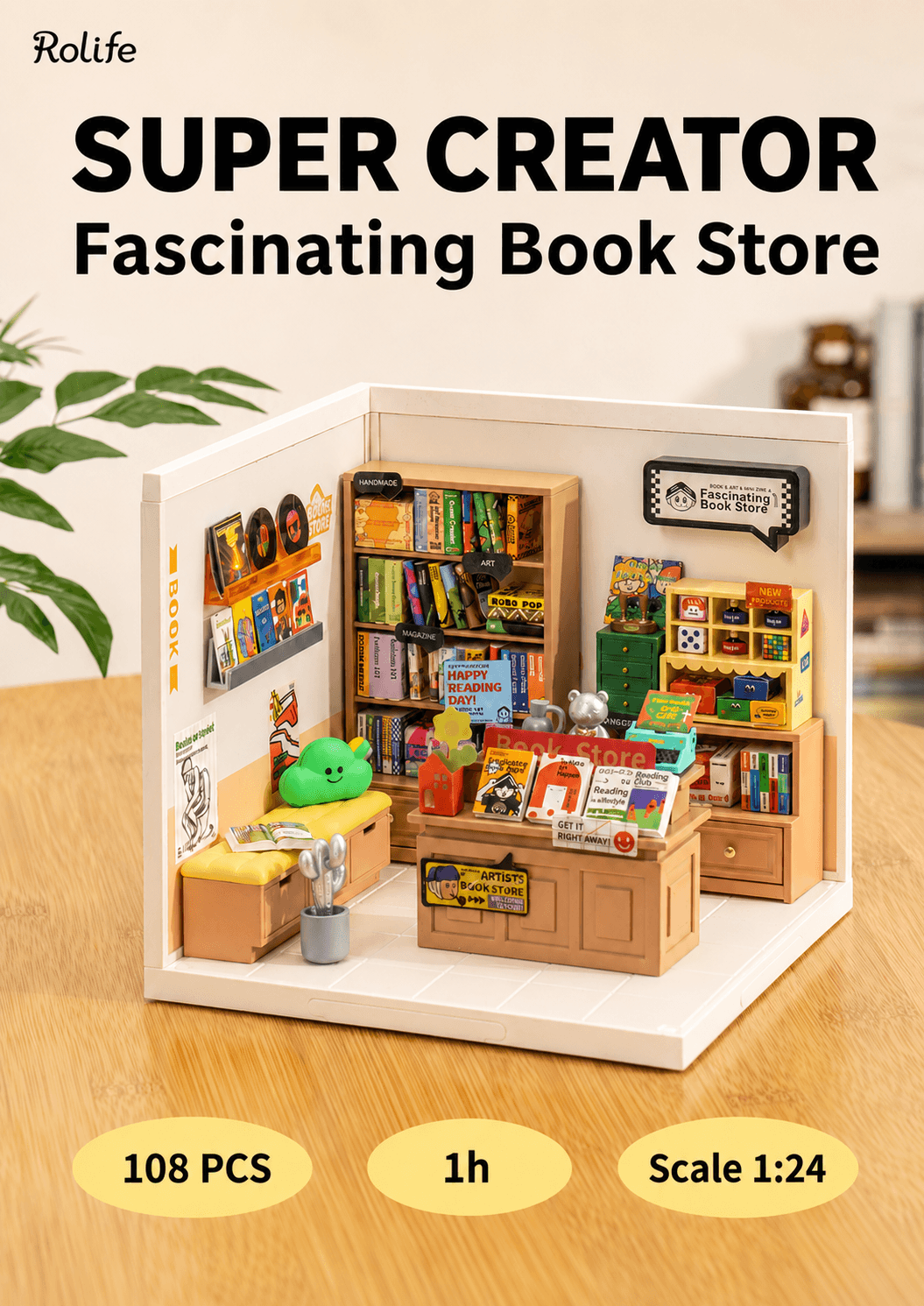 Rolife Fascinating Book Store DW004 overview graphic with 108 pieces, 1 hour assembly time, and 1:24 scale