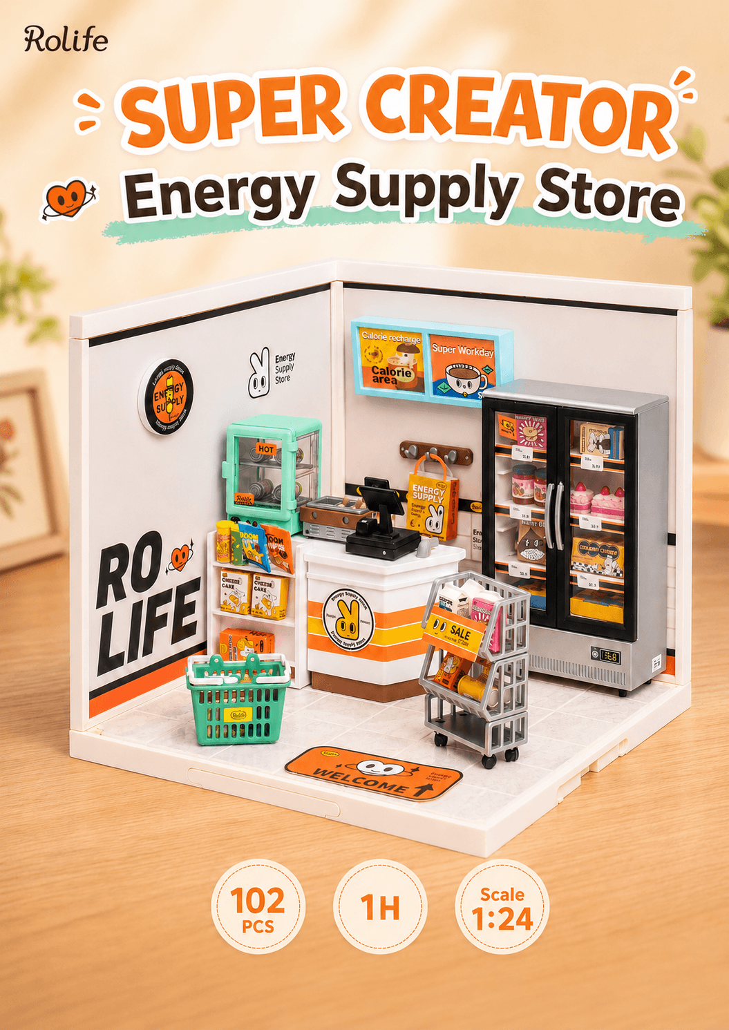 Rolife Energy Supply Store DW002 overview graphic with 102 pieces, 1 hour assembly time, and 1:24 scale