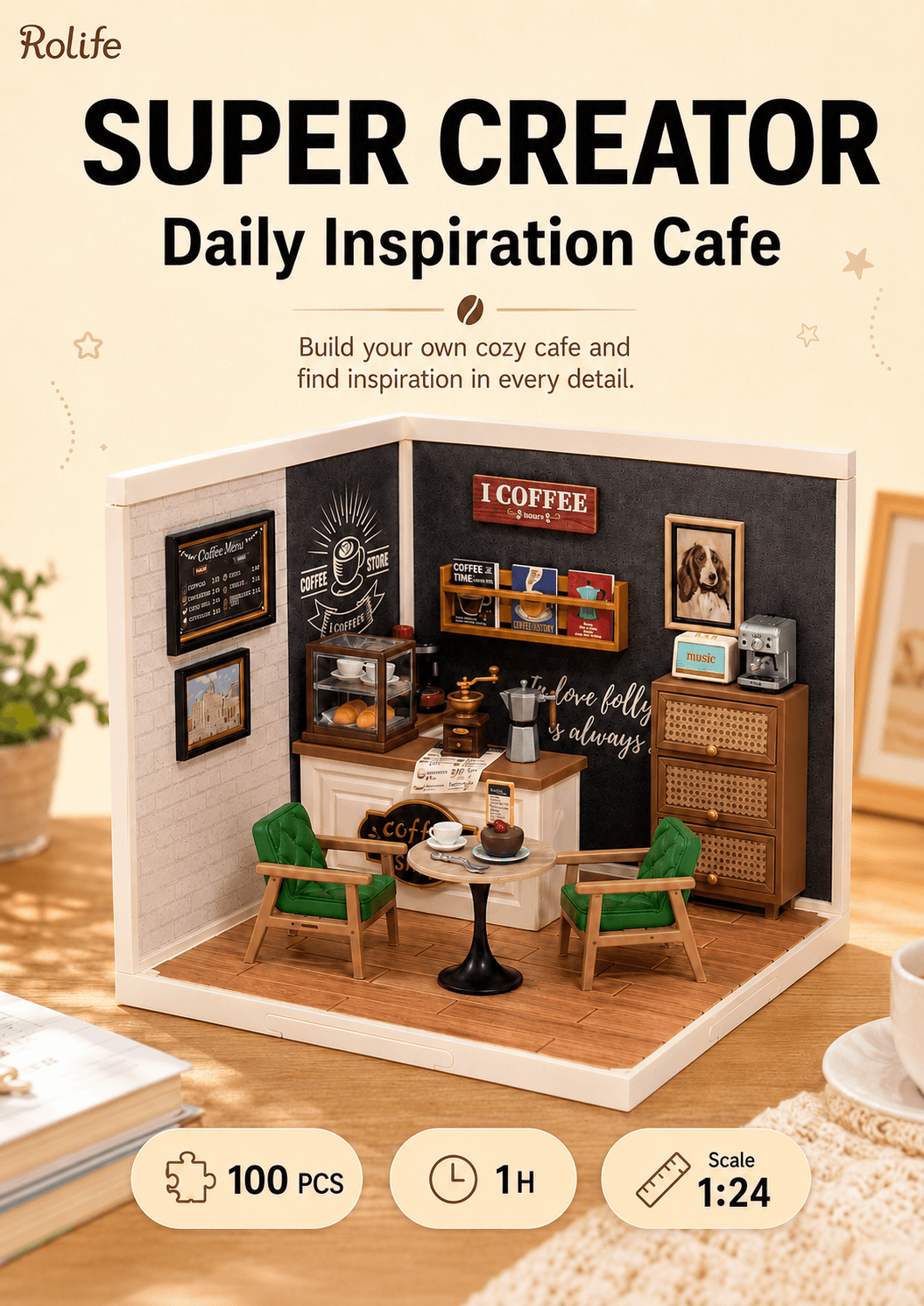 Rolife Daily Inspiration Cafe DW001B overview graphic with 100 pieces, 1 hour assembly time, and 1:24 scale