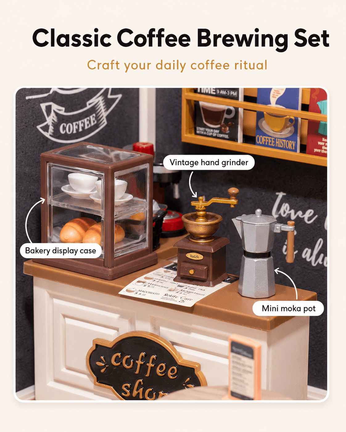 Rolife Daily Inspiration Cafe DW001B coffee brewing set close-up with grinder and moka pot