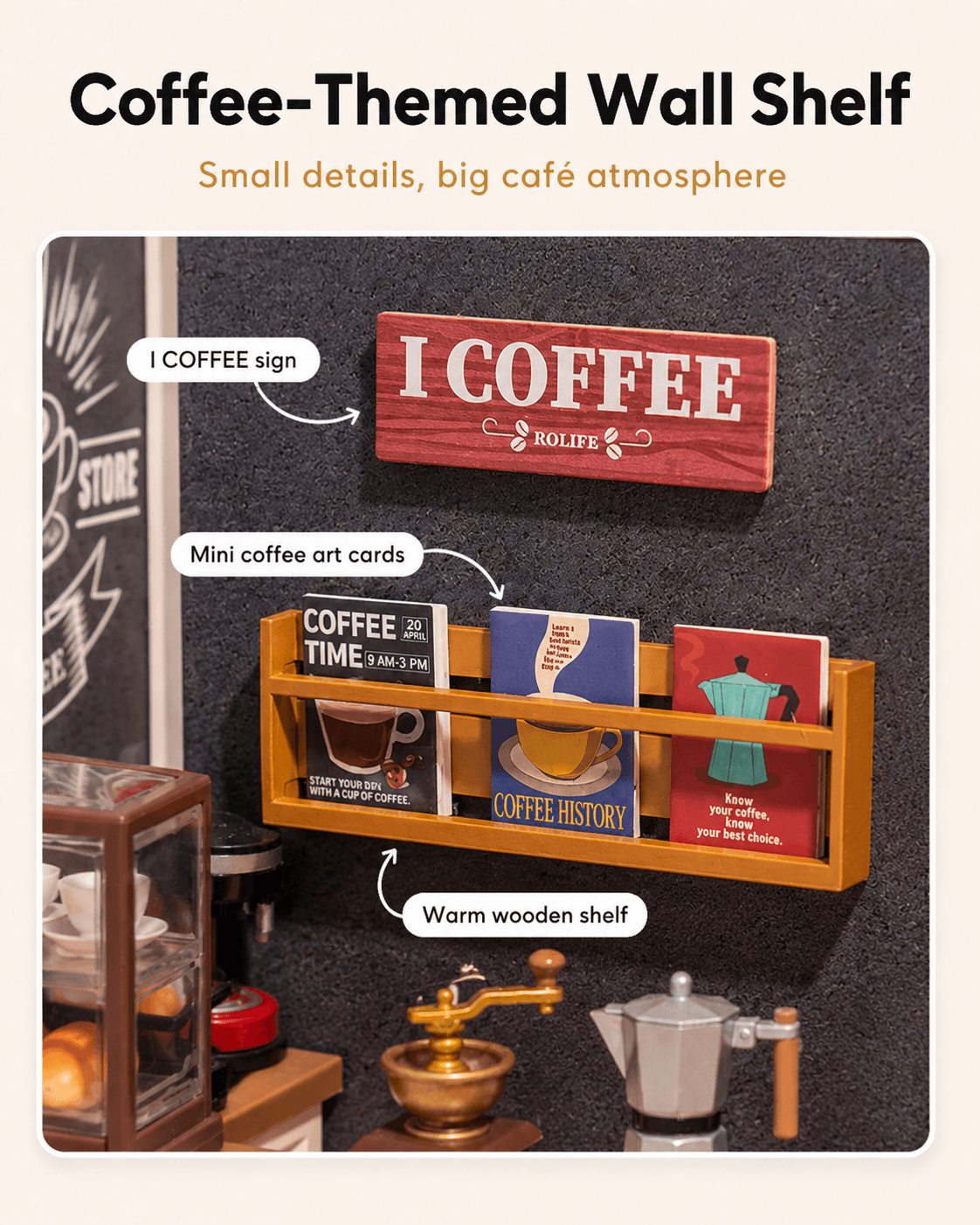 Rolife Daily Inspiration Cafe DW001B wall shelf close-up with cafe signs, beans, and decor