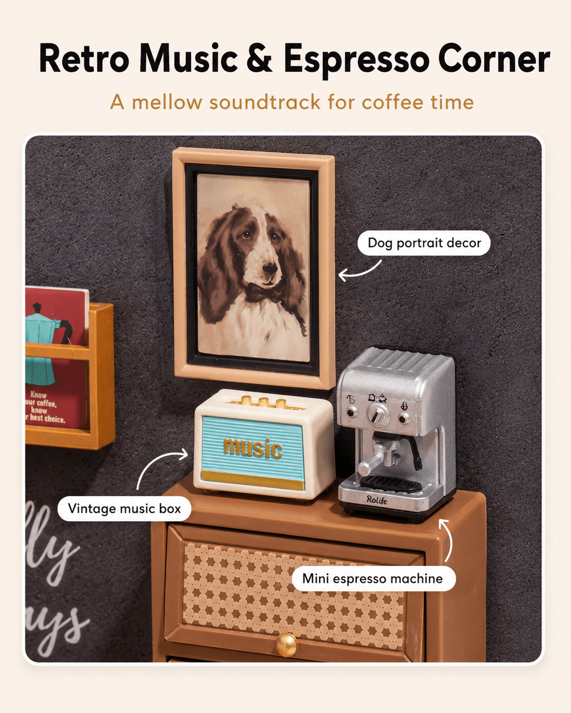 Rolife Daily Inspiration Cafe DW001B retro music and espresso corner close-up with speaker and coffee machine