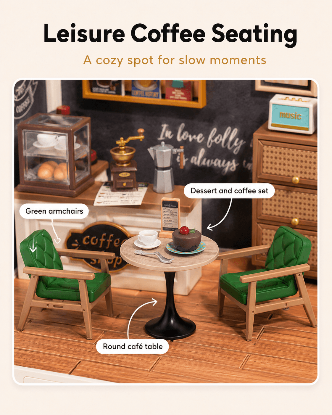 Rolife Daily Inspiration Cafe DW001B seating area close-up with chairs, round table, and dessert shelf