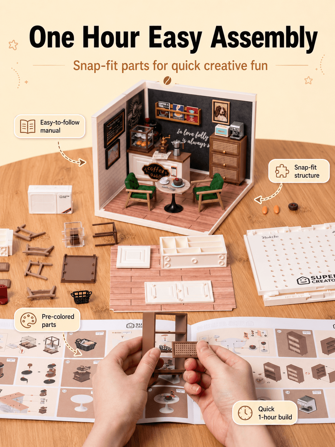 Rolife Daily Inspiration Cafe DW001B one hour easy assembly graphic with snap-fit parts and room layout